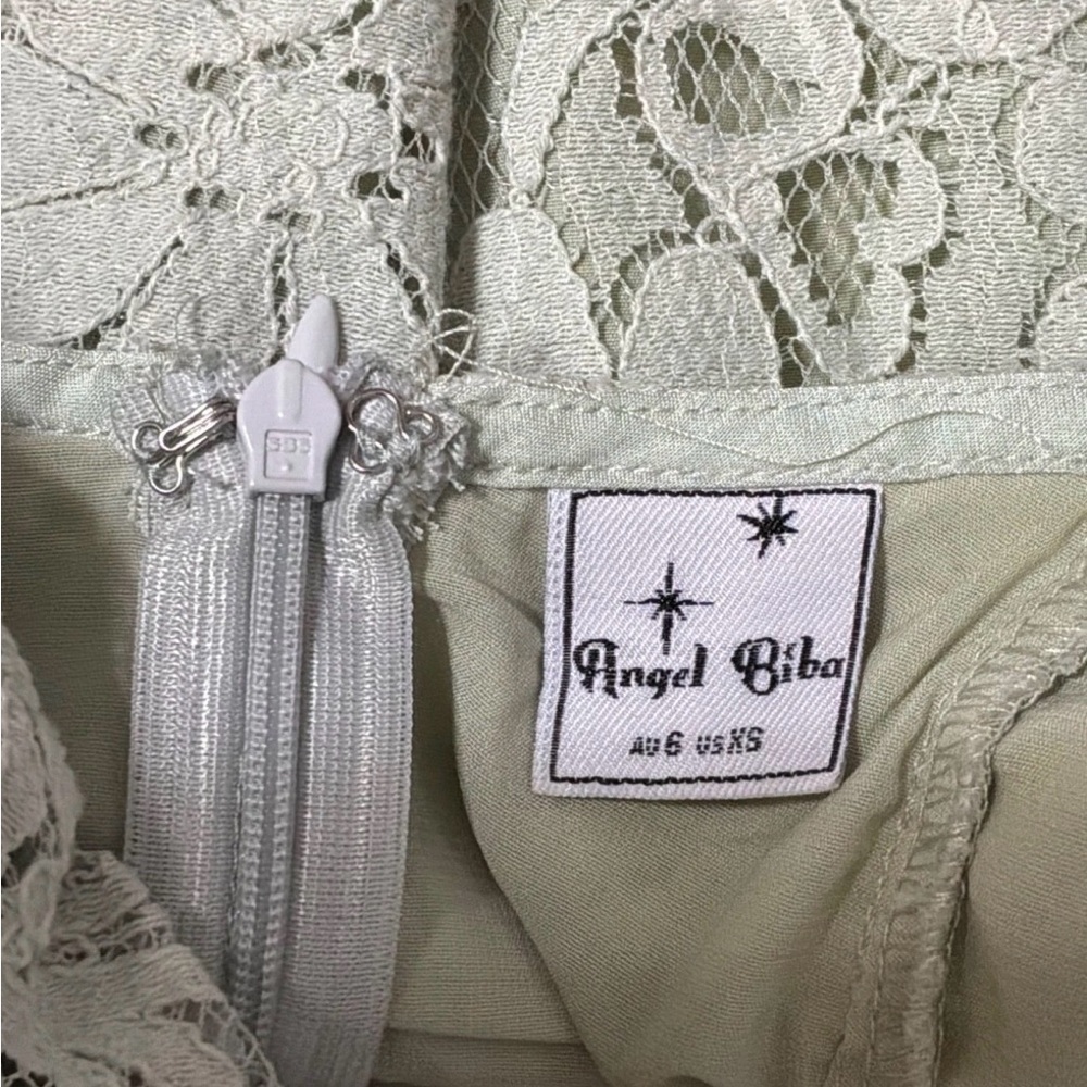 Angel Biba Sage Lace Corset Milkmaid Mini Dress Puff Sleeve Coquette Cottagecore - Picture 2 of 8